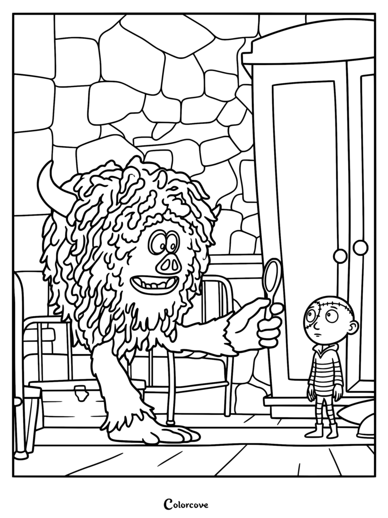 Detailed coloring page of the shaggy monster Creature holding a spoon, standing near Stitch Head in a stone-walled castle bedroom with a wardrobe.