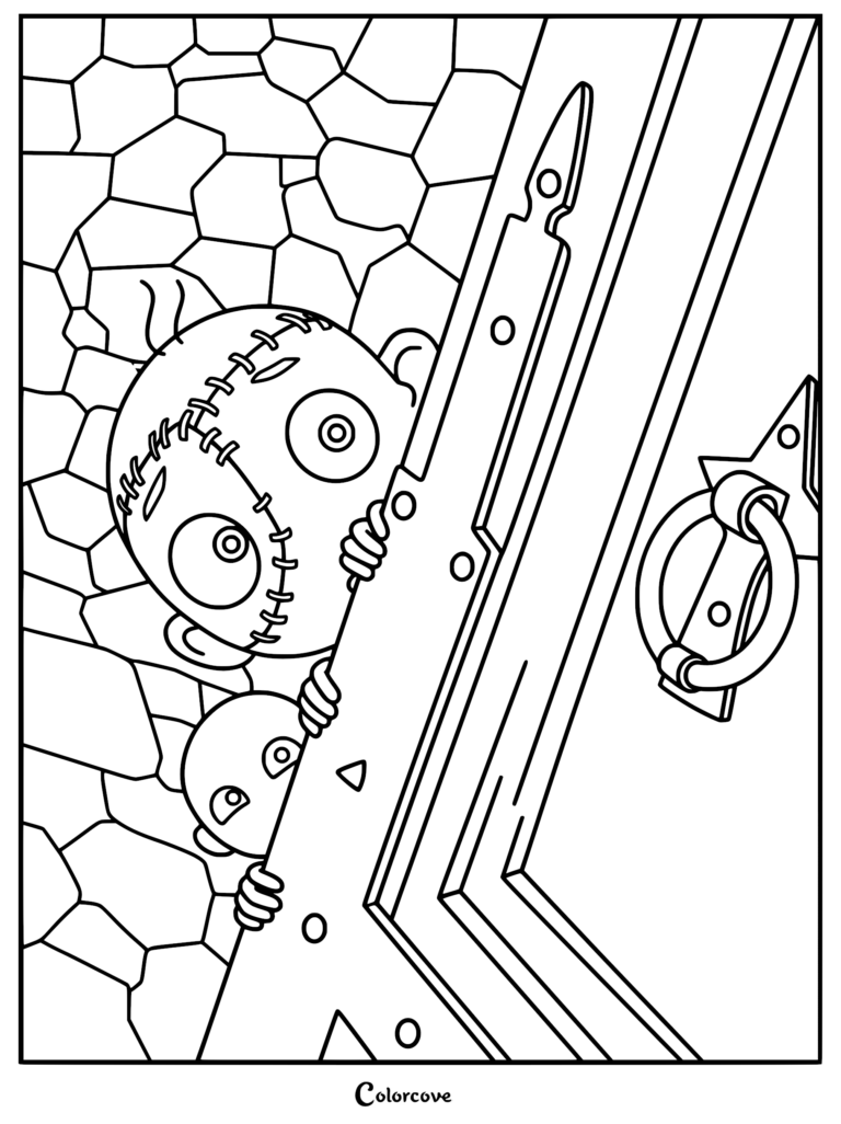 A detailed line art coloring page of the stitched boy Stitch Head and a young girl named Arabella peering cautiously around a heavy wooden door with a large metal knocker inside Castle Grotteskew.