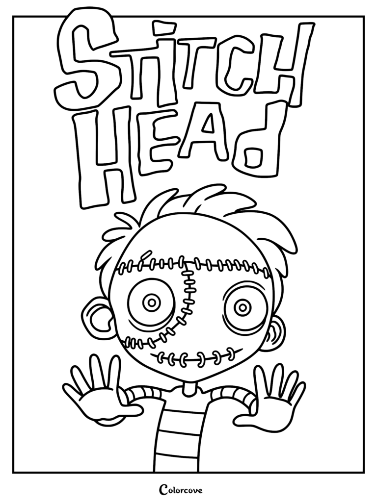 A black and white line art coloring page of Stitch Head from the 2025 film, featuring his cross-stitched face, large round eyes, and striped shirt with palms facing forward.