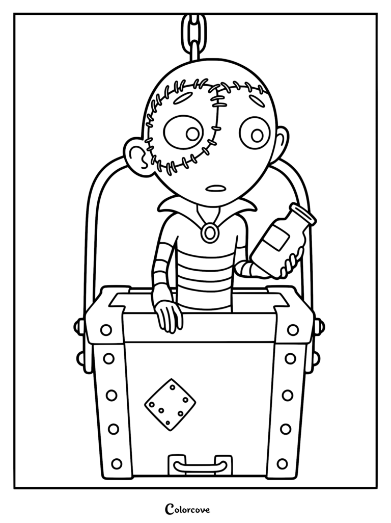 A detailed coloring page of Stitch Head from the movie, showing his stitched scalp and striped shirt while standing inside a riveted metal bucket suspended by a chain and holding a small bottle.