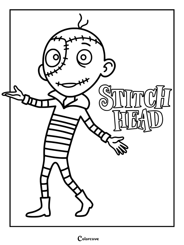 A detailed line art coloring page featuring Stitch Head, the patched-together boy with visible facial stitches, a striped tunic, and boots standing beside bold outlined title text.