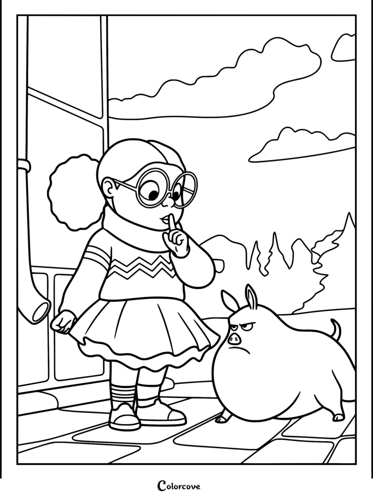 A line art coloring page of Arabella from the Stitch Head movie wearing round glasses and a zig-zag sweater, holding a finger to her lips while standing next to a round, grumpy-looking pig monster outdoors with mountains and clouds.