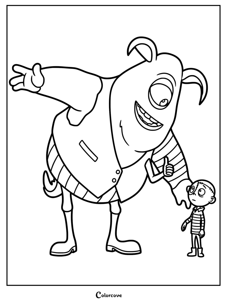 Stitch Head movie coloring page featuring the one-eyed Creature with three arms and a tail standing beside the small, stitched boy Stitch Head.