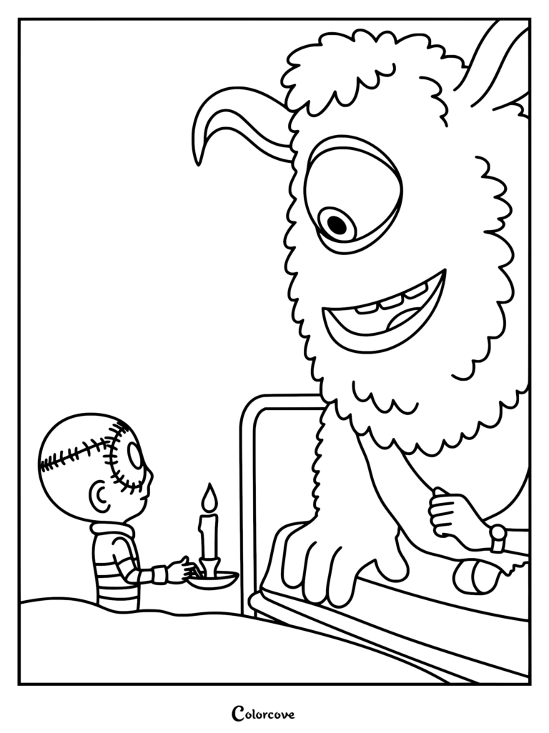 A detailed line art coloring page of Stitch Head holding a lit candle to illuminate the large, furry, one-eyed monster named Creature.