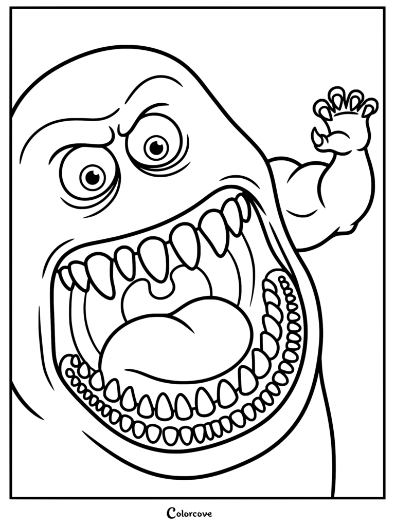 Line art coloring page of one of The Professor's monsters from the Stitch Head movie featuring a massive open mouth and sharp claws.