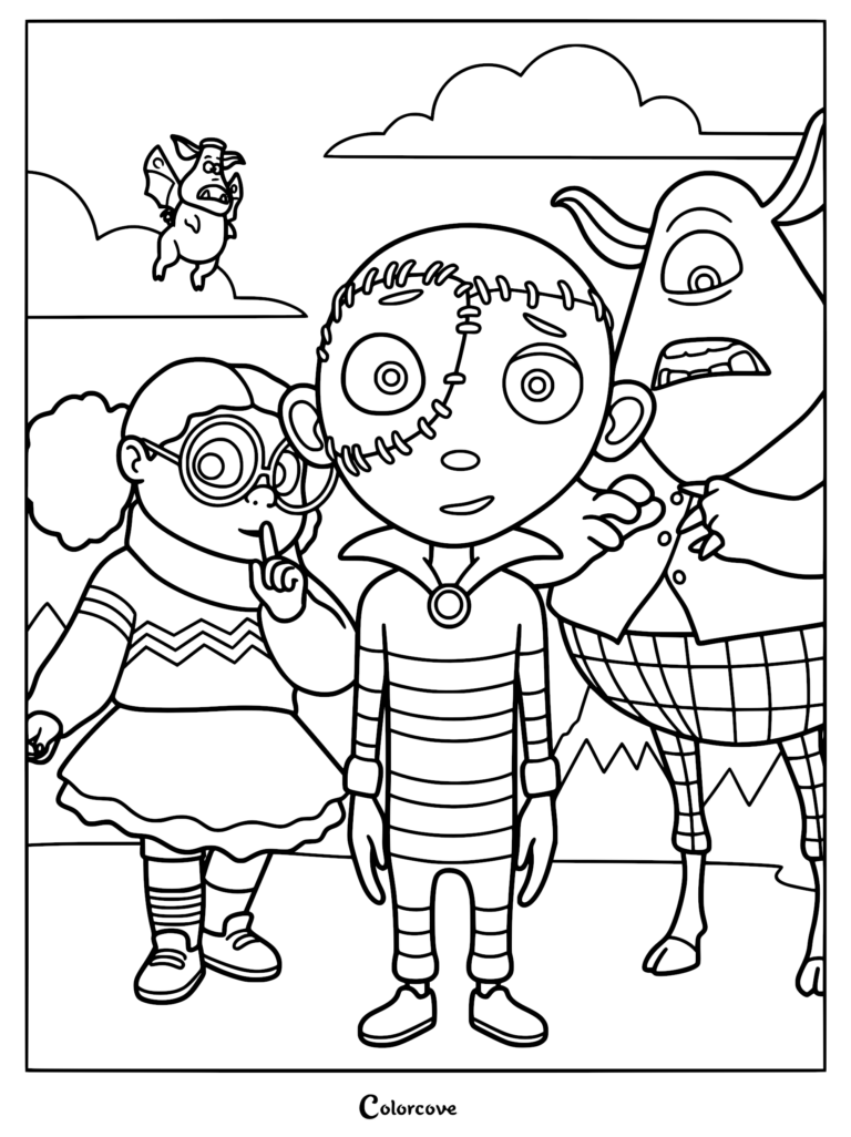 Detailed line art coloring page of Stitch Head with his stitched face standing between Arabella in round glasses and the one-eyed Creature.