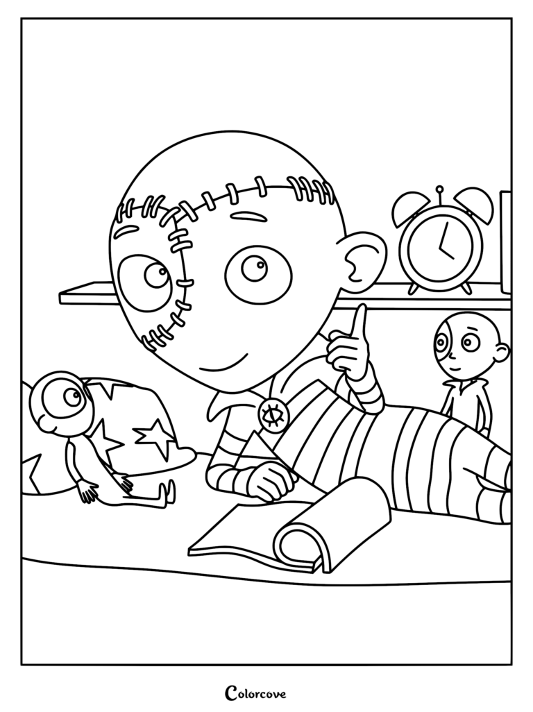 Stitch Head movie coloring page featuring the stitched boy lying on a bed with a star pillow, pointing up near an open book and an alarm clock.