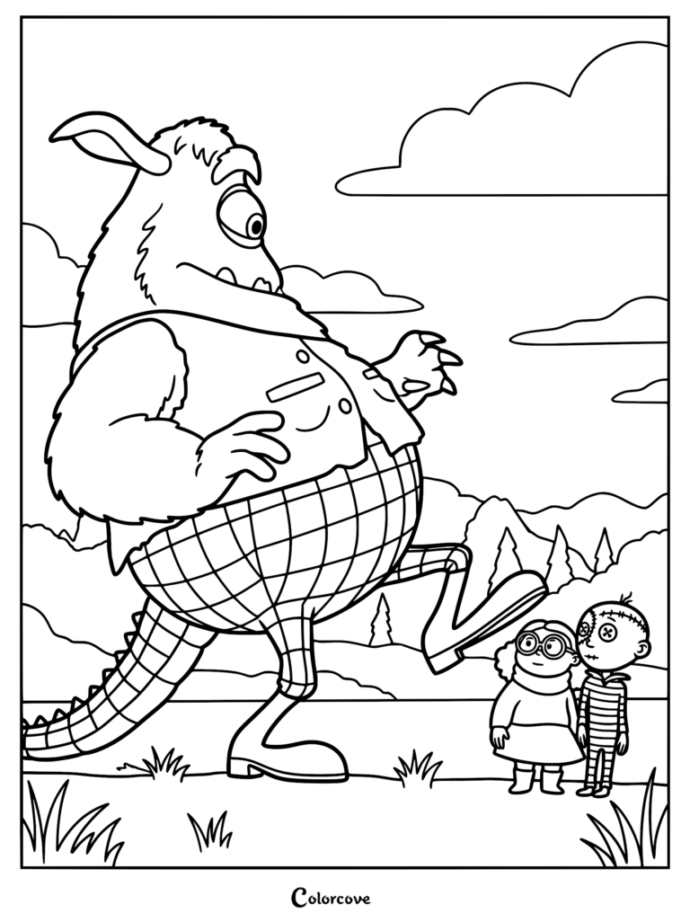 A detailed coloring page of the one-eyed monster Creature with three arms and a crocodile tail wearing plaid pants, walking beside Stitch Head and Arabella against a mountain backdrop.
