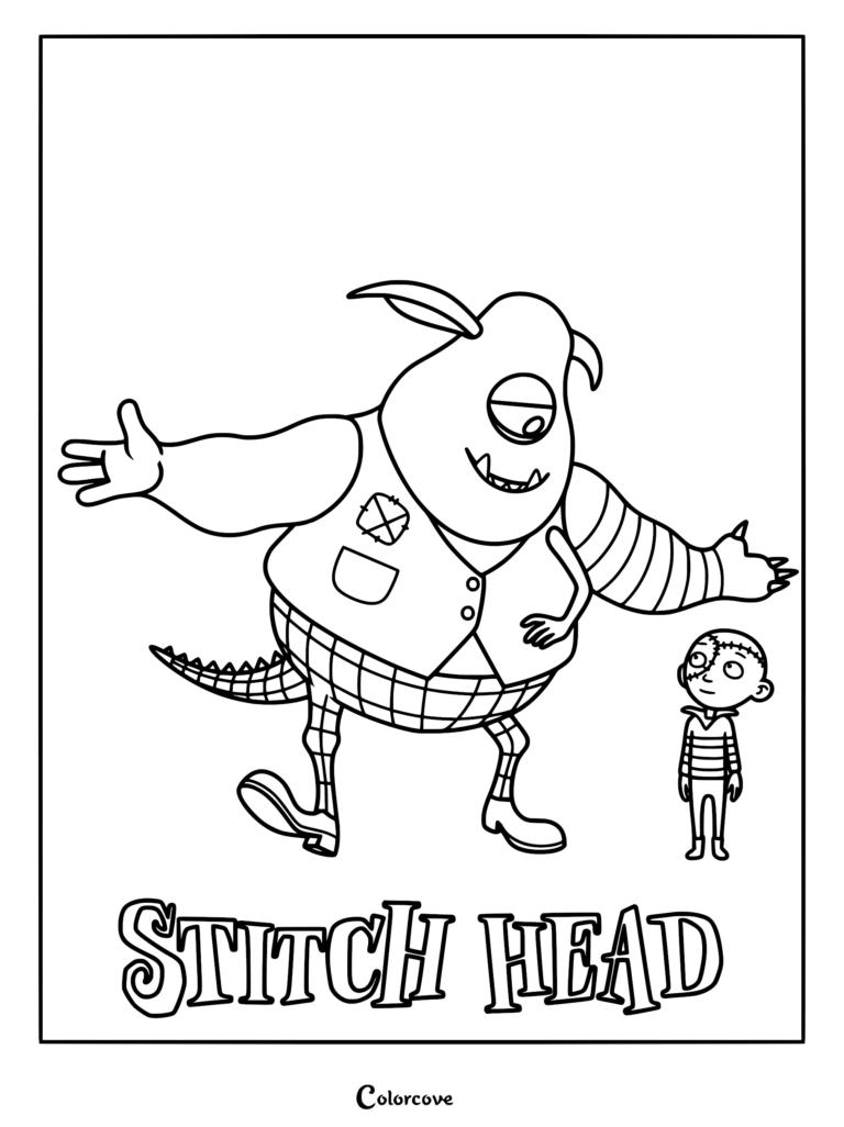 Line art coloring page of the three-armed monster Creature wearing a button-up vest and plaid trousers next to small Stitch Head.