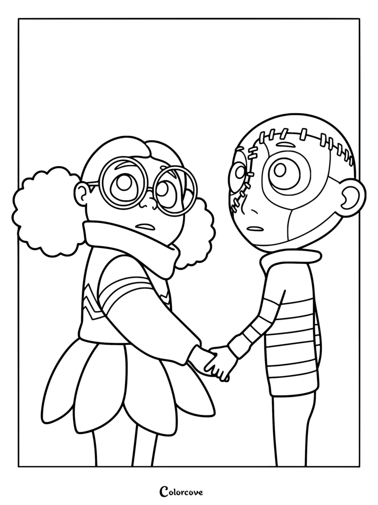 A detailed line art coloring page of Arabella with round glasses and Stitch Head with his signature forehead stitches holding hands together.
