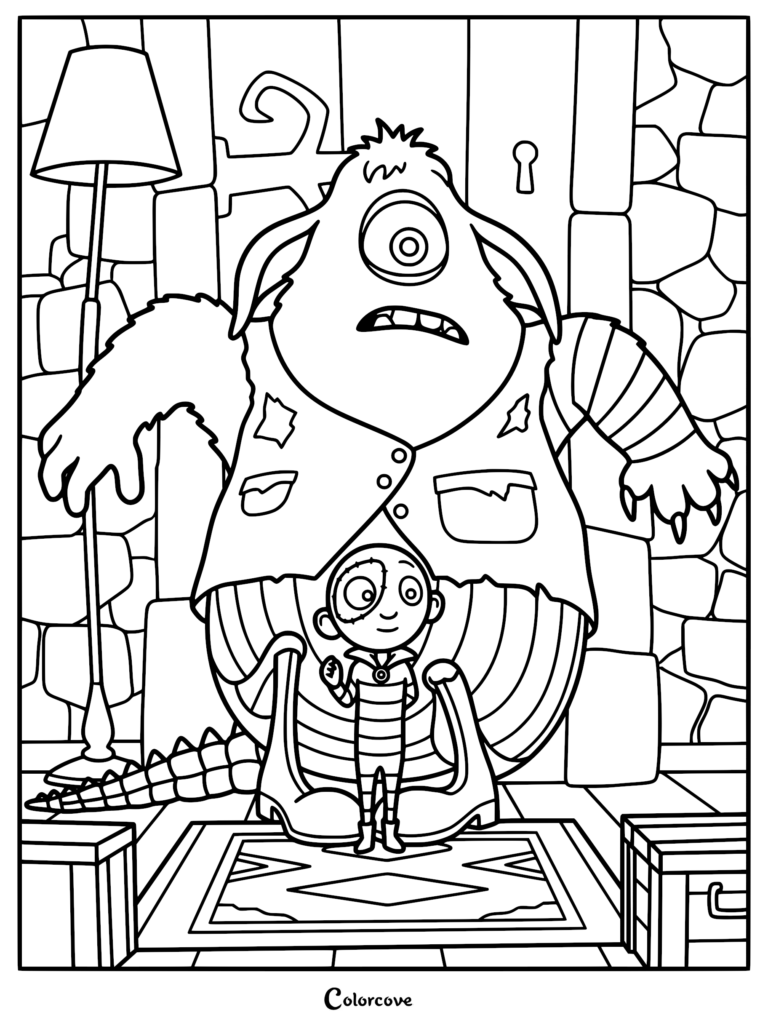 A detailed coloring page featuring the small stitched boy Stitch Head standing in front of Creature, the large one-eyed monster with three arms and a crocodile tail, inside the stone-walled Castle Grotteskew.