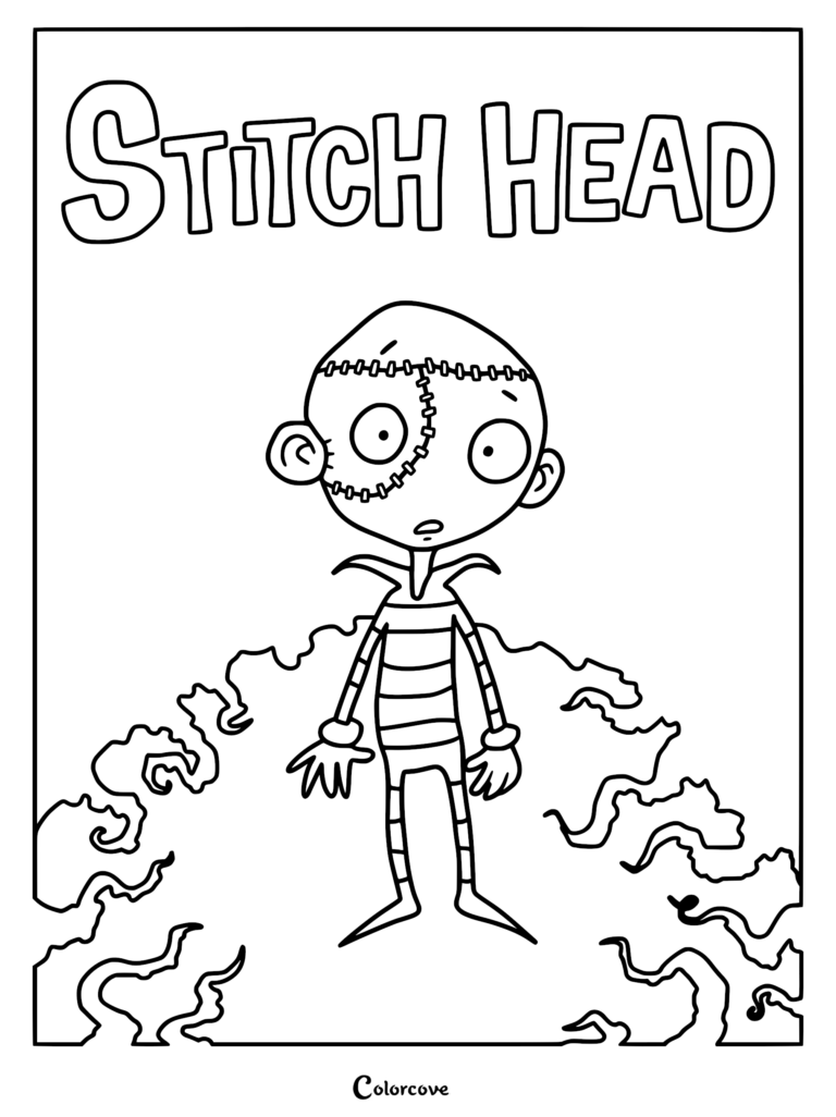 A Stitch Head coloring page featuring the patched-together boy with visible stitches on his head and a striped outfit, standing within swirling mist under bold movie title text.