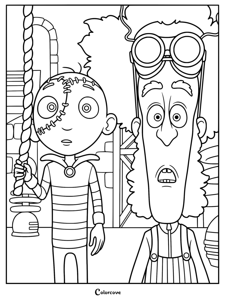 A detailed line art coloring page showing the stitched boy Stitch Head holding a thick braided rope next to a shocked Professor with goggles on his head.