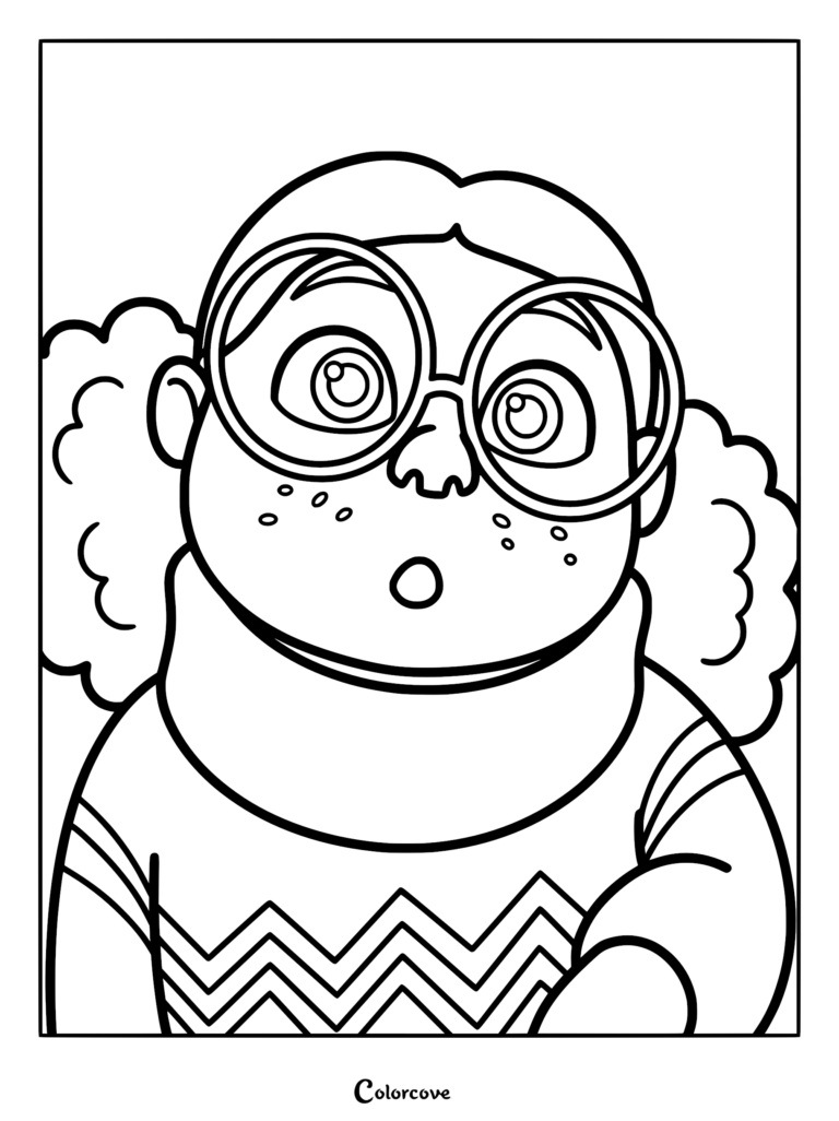 Detailed line art coloring page of Arabella from Stitch Head featuring her large round spectacles, freckles, and a zig-zag patterned turtleneck sweater.