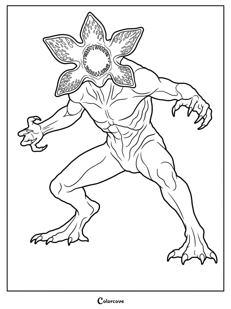 Página para colorear del Demogorgon con la criatura mostrando su característica cabeza abierta en forma de flor y dientes afilados.