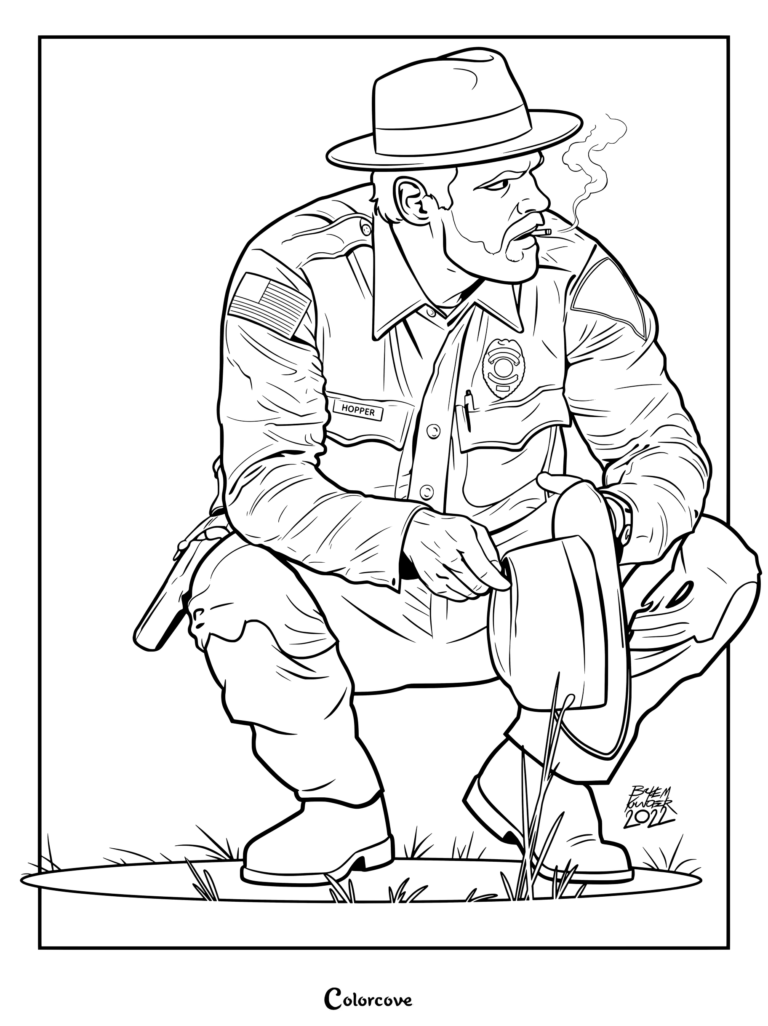 Página para colorear con un detallado dibujo lineal del jefe Jim Hopper agachado al aire libre vistiendo su uniforme de policía y sombrero mientras fuma.