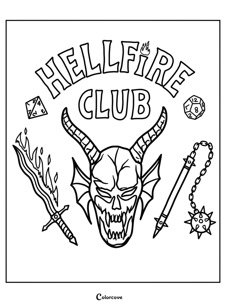 Página para colorear del logo del Club Fuego del Infierno con una calavera demoníaca, una espada en llamas, una maza de pinchos y dados de juego