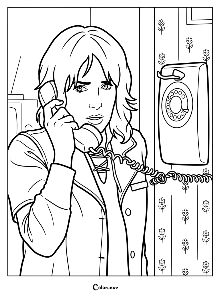 Página para colorear de Joyce Byers recibiendo una llamada telefónica sobrenatural de su hijo desaparecido, Will, con un fondo de papel pintado floral