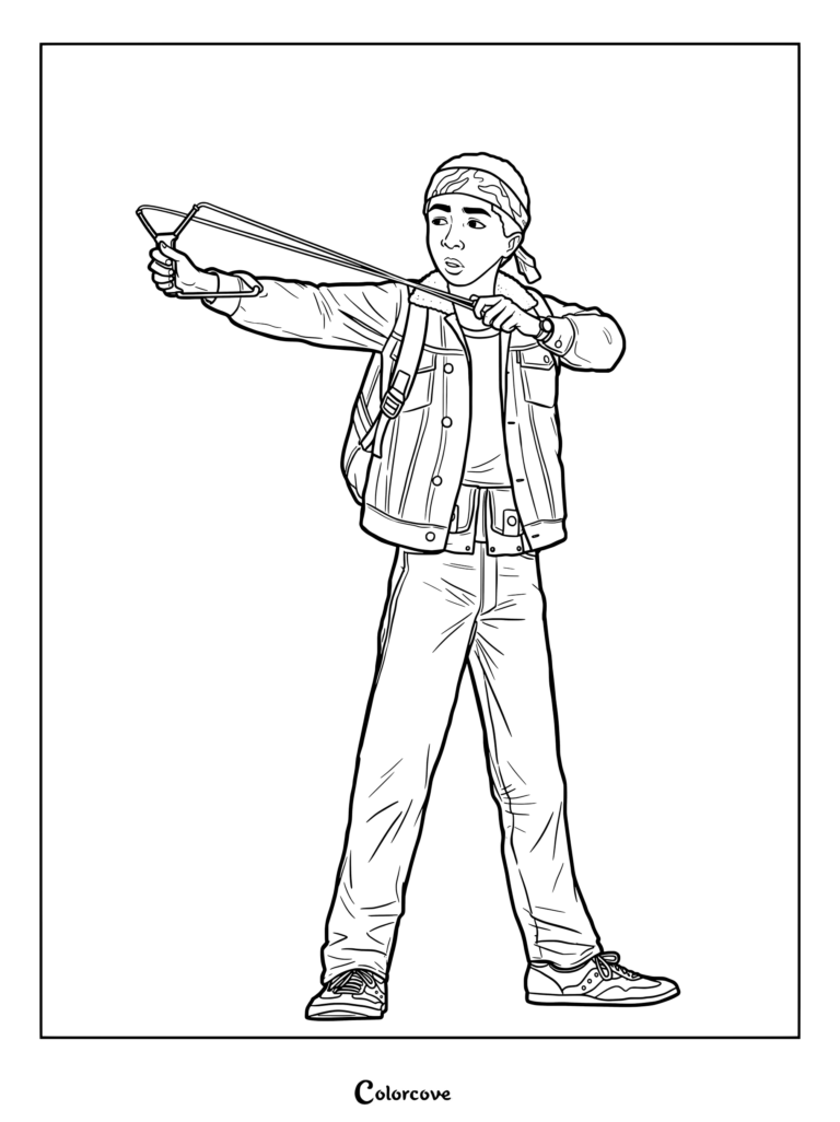 Página para colorear de Lucas Sinclair con bandana y chaqueta vaquera apuntando con un tirachinas