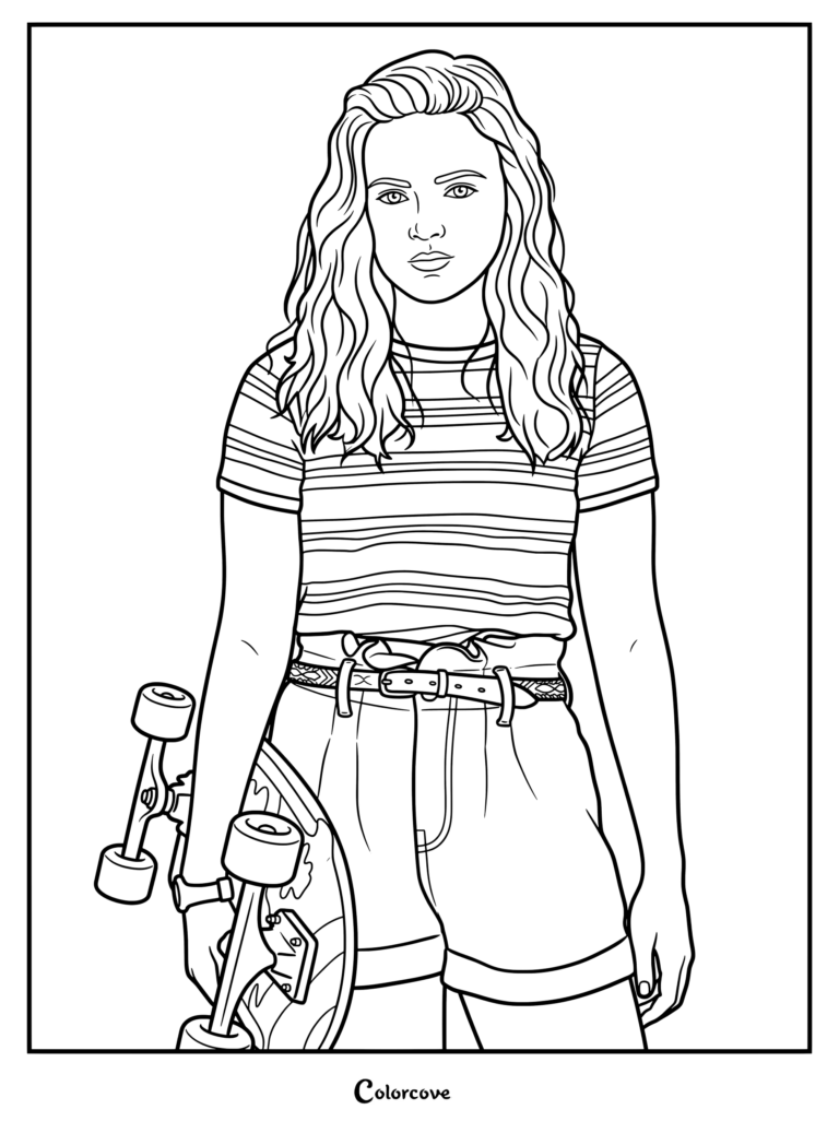 Página para colorear de Max Mayfield sujetando su monopatín y vistiendo una camiseta a rayas