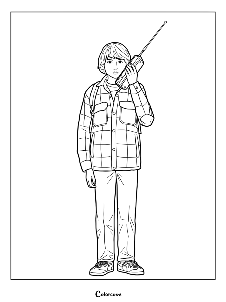 Página para colorear de Mike Wheeler sosteniendo un walkie-talkie