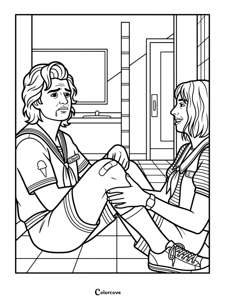 Página para colorear de la confesión de Robin, con Steve y Robin sentados en el suelo de un baño con sus uniformes de Scoops Ahoy