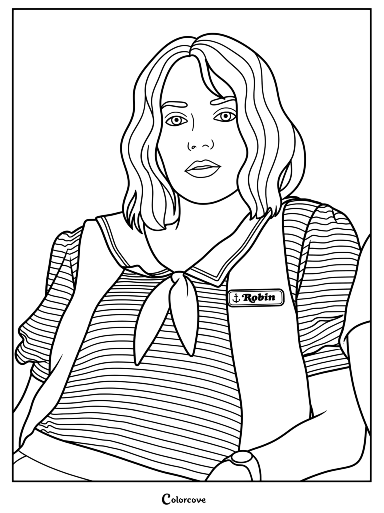 Página para colorear de Robin de Stranger Things con su uniforme de marinera de Scoops Ahoy