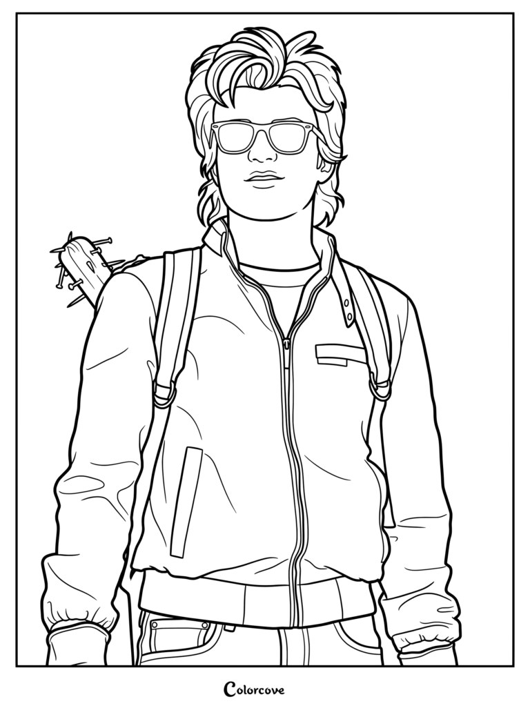 Página para colorear imprimible de Steve Harrington con gafas de sol y su bate con clavos
