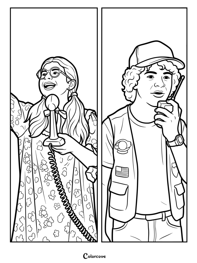 Página para colorear de Dustin Henderson y Suzie Bingham cantando a dúo La historia interminable por radio