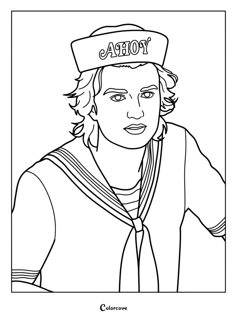 Página para colorear de Steve Harrington con el famoso uniforme de marinero de Scoops Ahoy de la temporada 3, con una camiseta azul con ribetes rojos y un sombrero blanco a juego