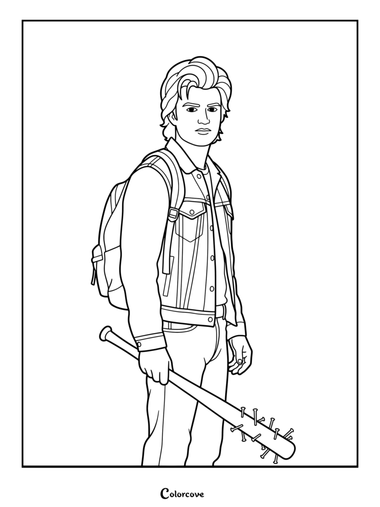 Página para colorear imprimible de Steve Harrington con su bate de béisbol con clavos