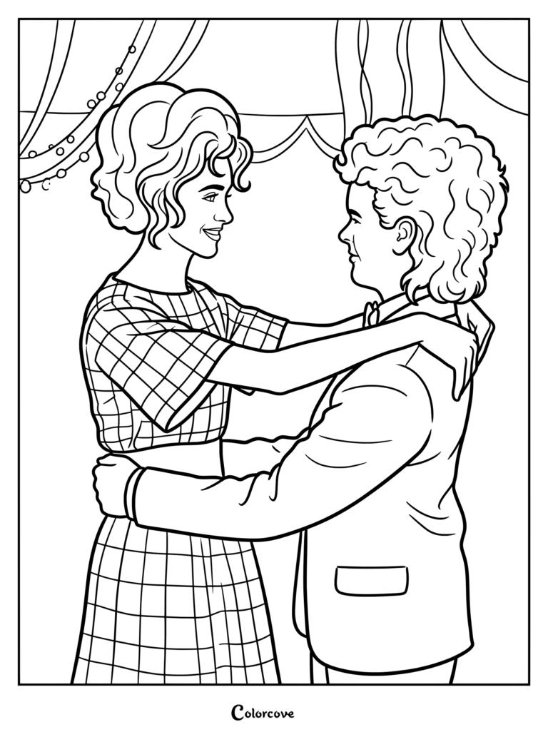 Página para colorear imprimible de Nancy Wheeler y Dustin Henderson bailando juntos en el Baile del Copo de Nieve en el final de la temporada 2 de Stranger Things.