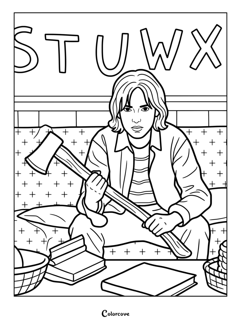 Joyce armada con un hacha, preparándose para defenderse o buscar a su hijo Will, en esta página para colorear de la temporada 1, episodio 6
