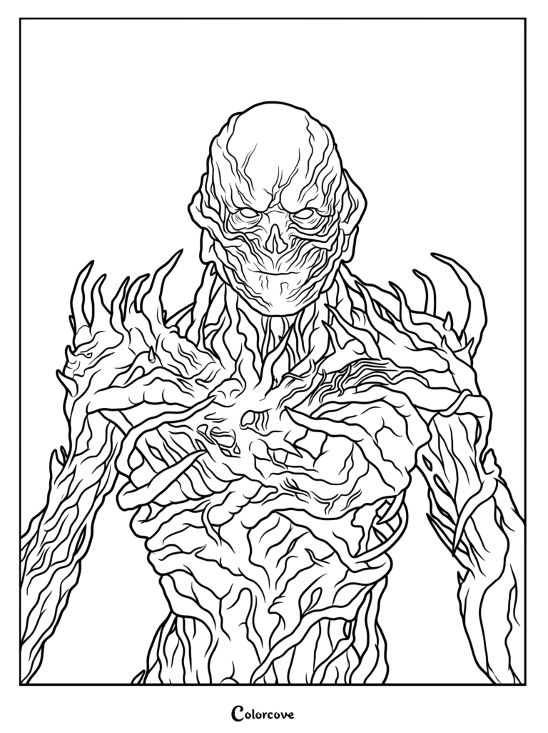 Página para colorear de Vecna con un detallado dibujo lineal del villano con texturas de enredadera cubriendo su cuerpo.