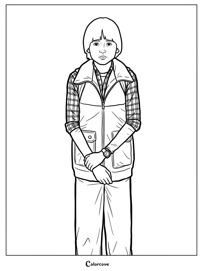 Página para colorear de Will Byers con su peinado de tazón, vistiendo una camisa de franela y un chaleco con cremallera