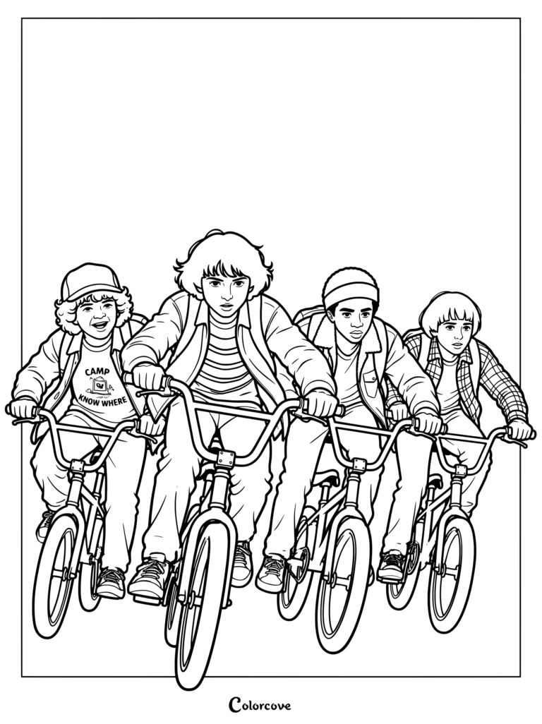 Página para colorear de Dustin, Mike, Lucas y Will montando en bici, con los cuatro amigos pedaleando juntos.
