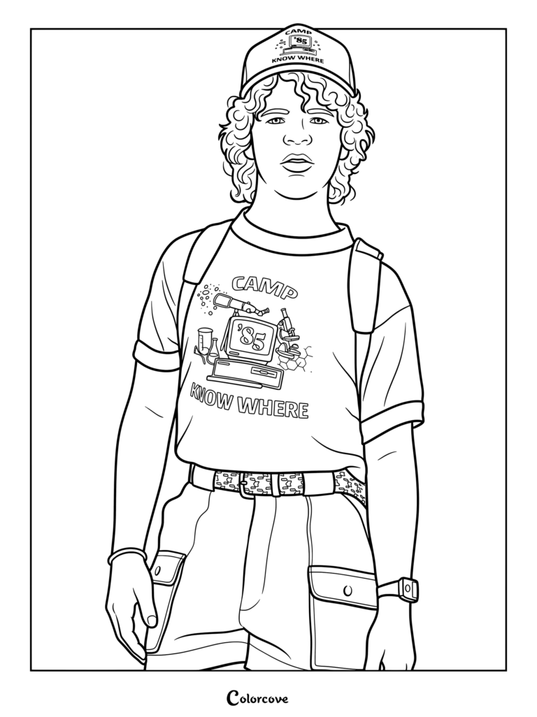 Página para colorear de Dustin de Stranger Things con la gorra y camiseta del Camp Know Where