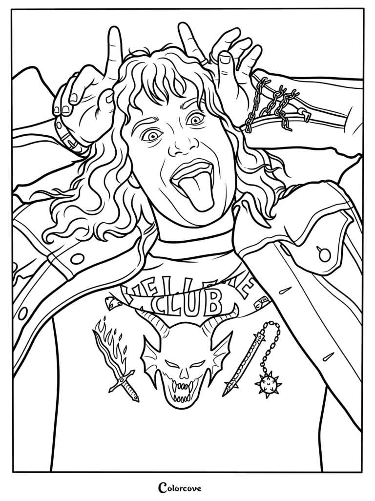 Página para colorear gratis imprimible de Eddie Munson, líder del Club Fuego del Infierno (el grupo oficial de Dragones y Mazmorras del instituto de Hawkins), haciendo el gesto de los cuernos con las manos