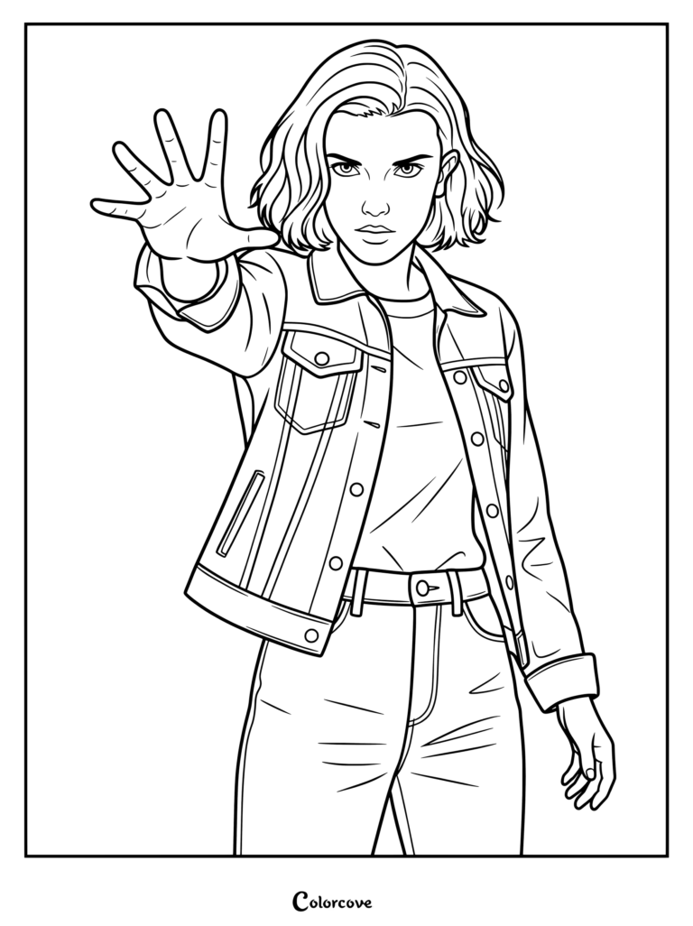 Página para colorear de Once de Stranger Things usando sus habilidades psíquicas con un efecto brillante en la palma de su mano