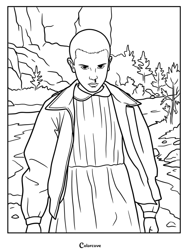 Página para colorear de Once en la primera temporada de la serie, mostrando a Once con la cabeza rapada y sangrando por la nariz al aire libre