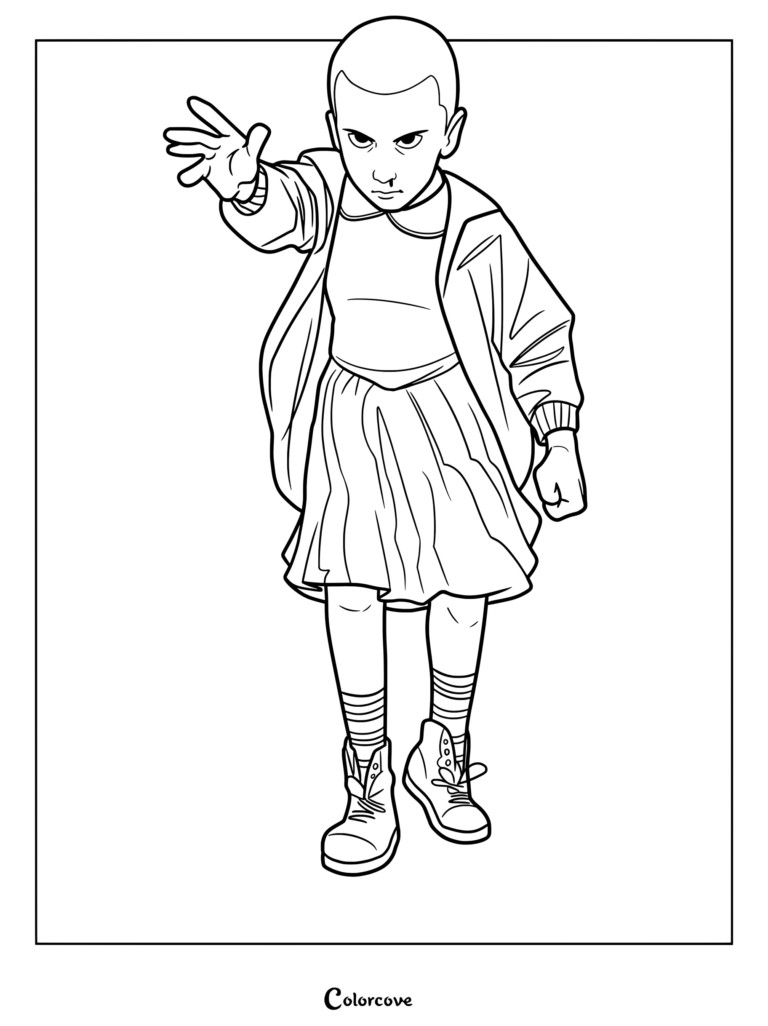 Dibujo de líneas imprimible para colorear de Once de Stranger Things usando sus poderes telequinéticos