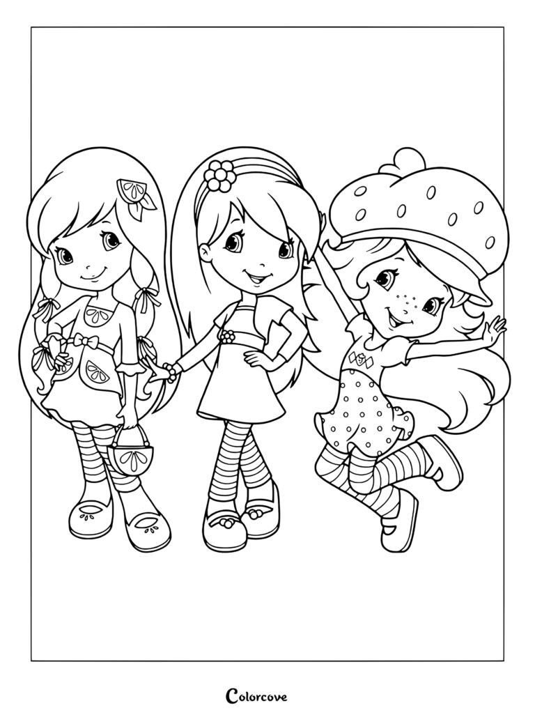 Dibujo para colorear de Limoncito, Frambuesita y Rosita Fresita de pie posando juntas.