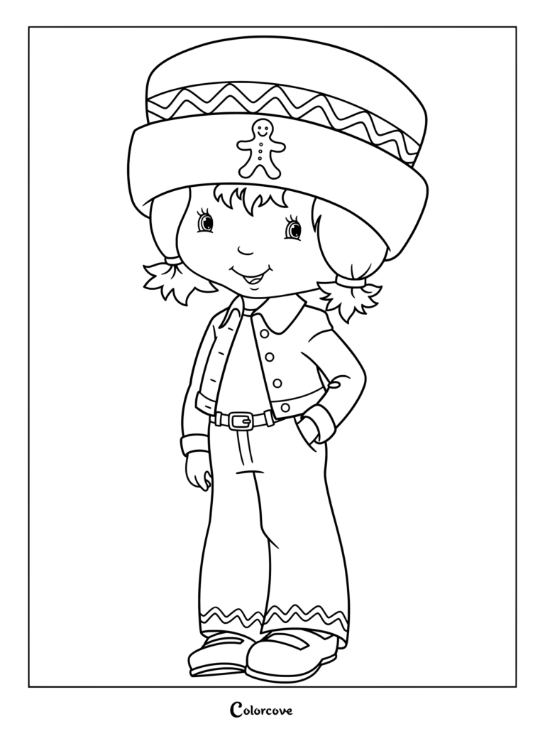 Dibujo para colorear de Galletita de la serie animada de 2003 de Rosita Fresita con un gorro de invierno decorado con una galleta de jengibre