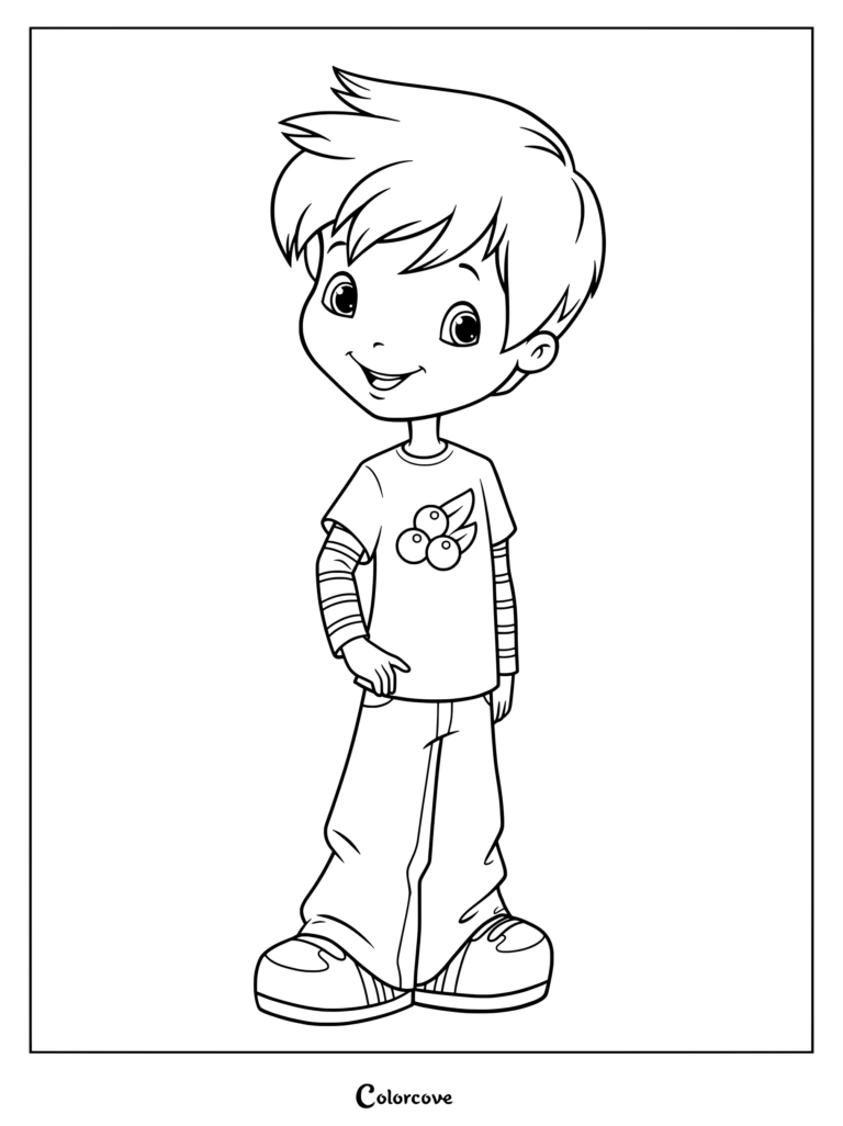 Dibujo para colorear de Huckleberry Pie de Rosita Fresita: Aventuras en Tutti Frutti sonriendo con una camisa a rayas y vaqueros.