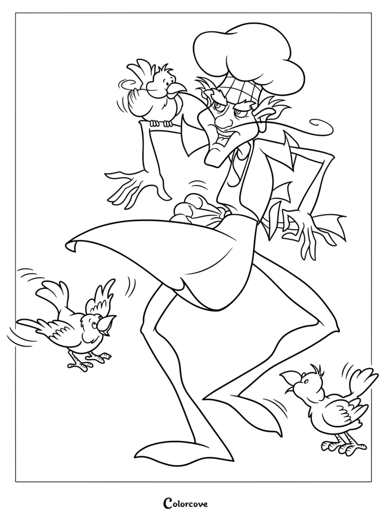 Dibujo para colorear de El Pastelero Bigotón de la franquicia de Rosita Fresita rodeado de sus pájaros de las bayas.