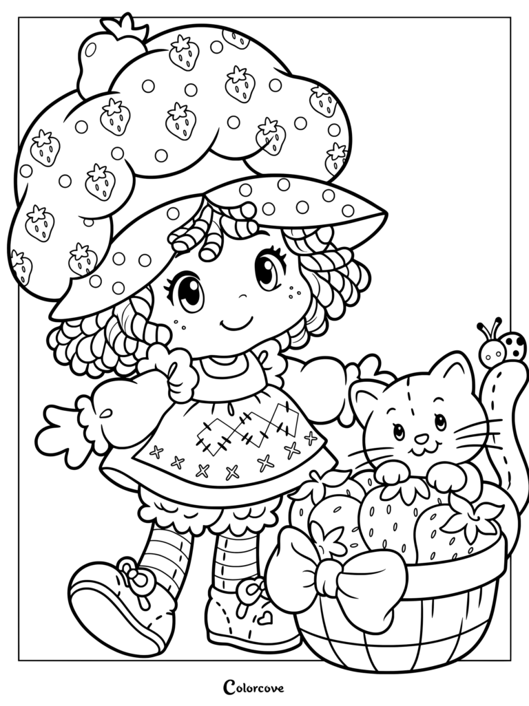 Dibujo para colorear e imprimir con una versión bebé de Rosita Fresita con su característico gorro de fresa, pelo rizado y medias a rayas, de pie junto a una cesta de fresas y una linda gatita.