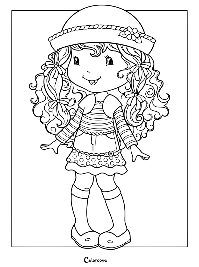 Dibujo para colorear e imprimir de Angelita del reinicio de los años 2000 de Rosita Fresita, luciendo un gorro morado, mangas a rayas, falda de mezclilla y una sobrefalda rosa con volantes.