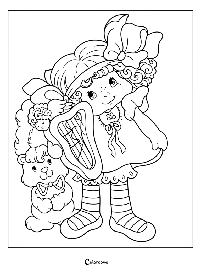 Dibujo para colorear de Angelita tocando el arpa junto a su mofeta Souffle, de la franquicia de Rosita Fresita de los años 80