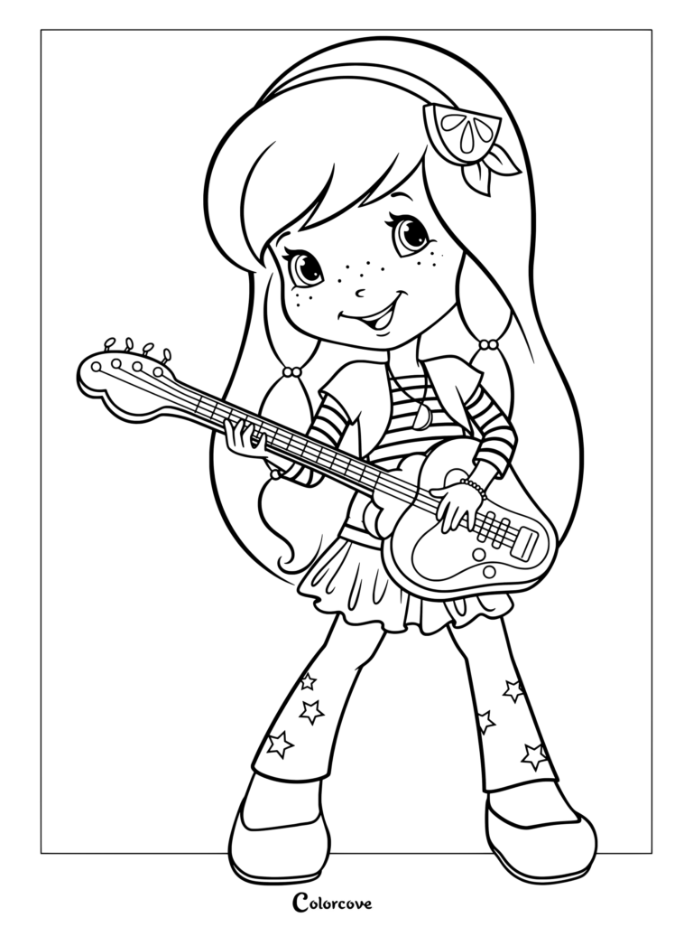 Dibujo para colorear de Limoncito de Rosita Fresita tocando una guitarra eléctrica