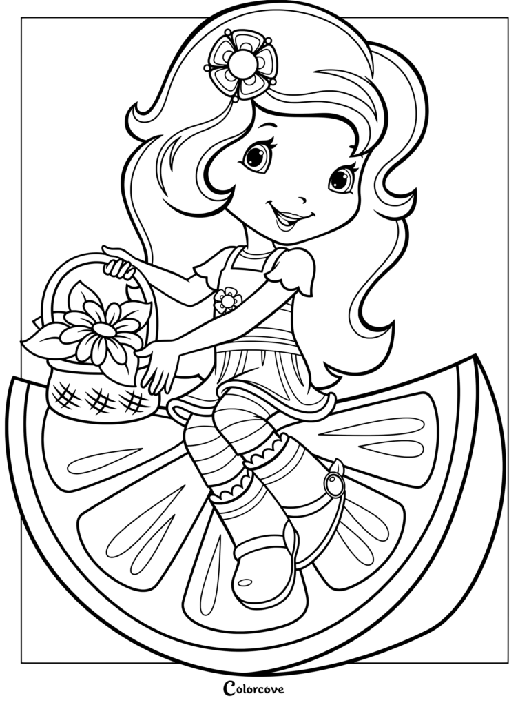 Dibujo para colorear e imprimir de Naranjita de Rosita Fresita: Aventuras en Tutti Frutti sentada sobre una rodaja de naranja gigante mientras sostiene una cesta de flores.